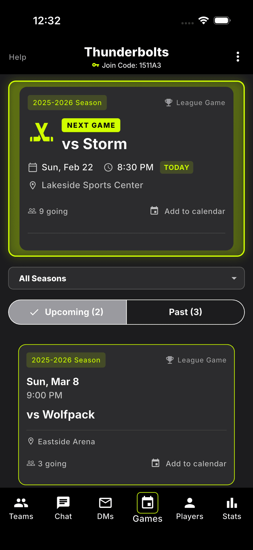 Rosterlytic team dashboard showing upcoming games and player attendance